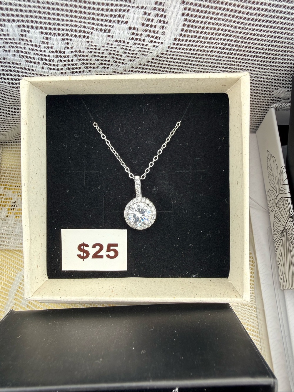 Silver Round Halo Pendant Necklace - White Crystal